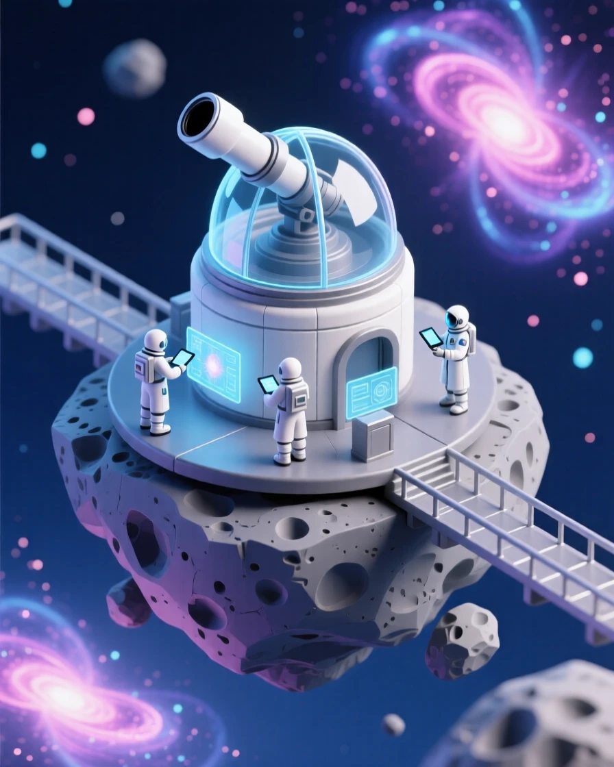 A space observatory perched on a floating asteroid belt platform, scientists cataloging distant glowing nebulae.