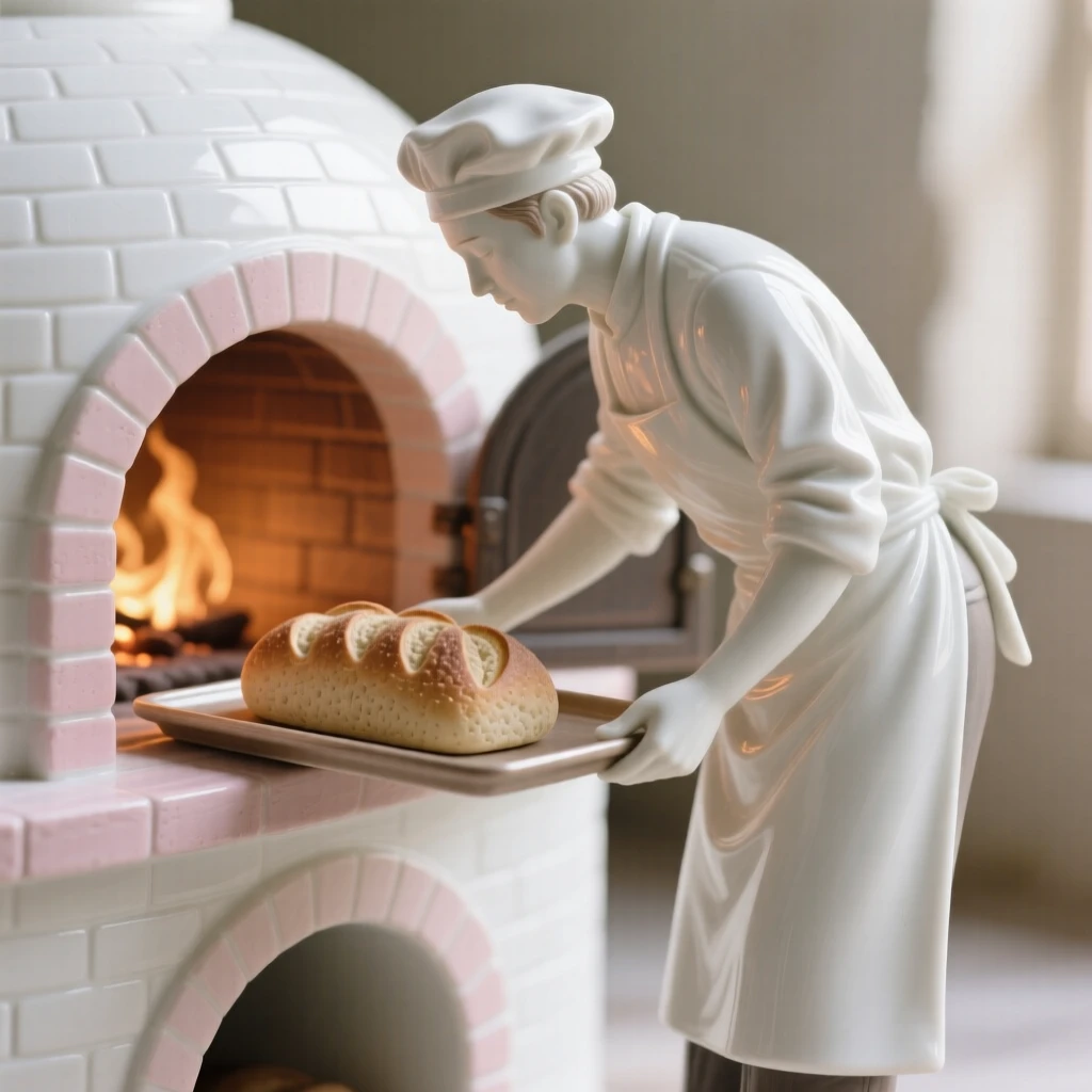 An everyday moment of quiet beauty: a baker pulling fresh bread from the oven, captured in soft natural light.