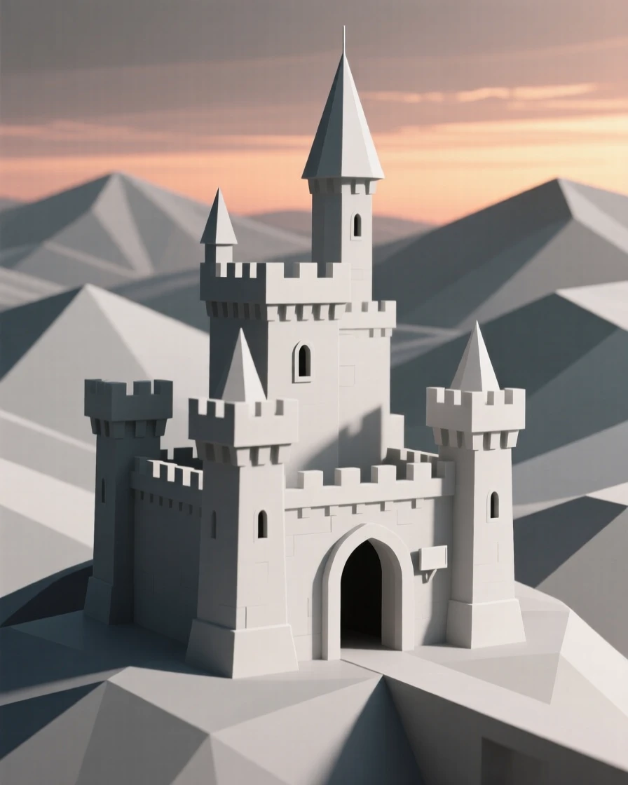 A castle silhouetted against a dramatic sunset, framed by distant rolling hills. fine architectural details are rendered with clarity. The place feels steeped in history.