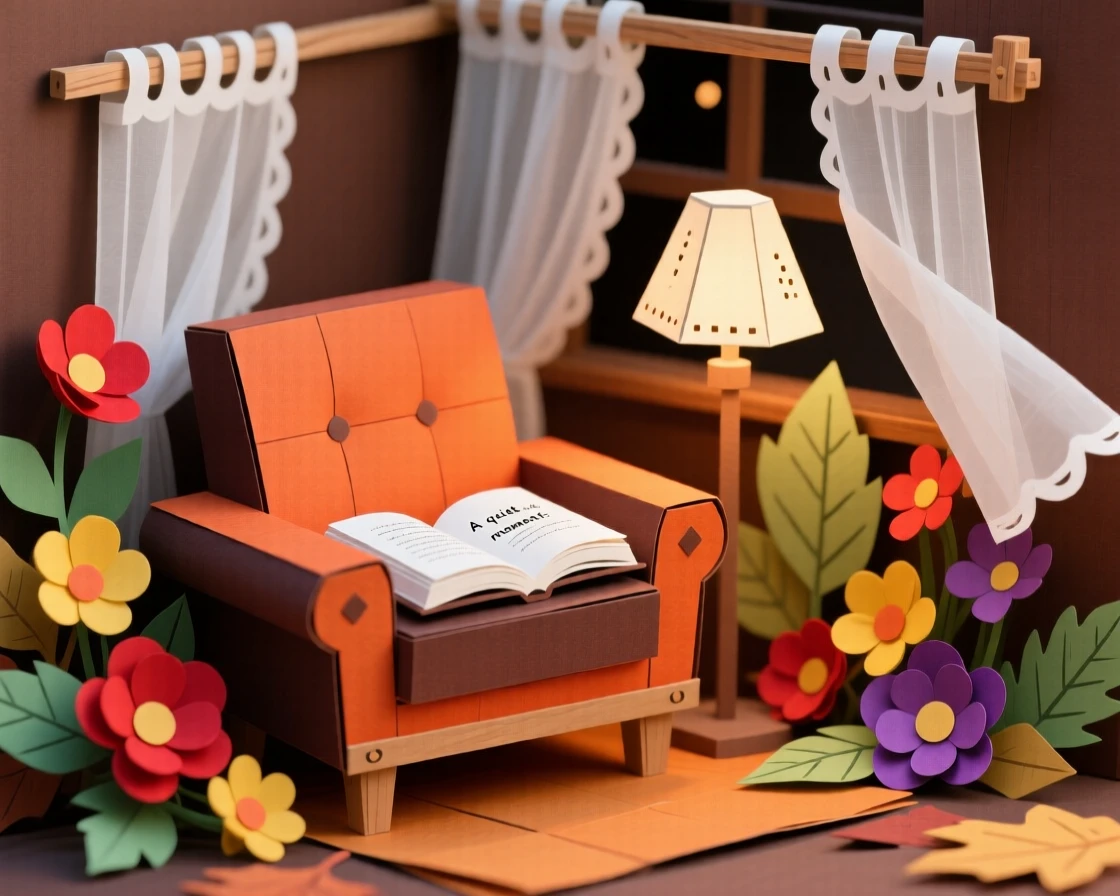 A cozy autumn evening reading corner surrounded by fresh blooming flowers, with sheer curtains fluttering in the breeze, capturing quiet contentment.