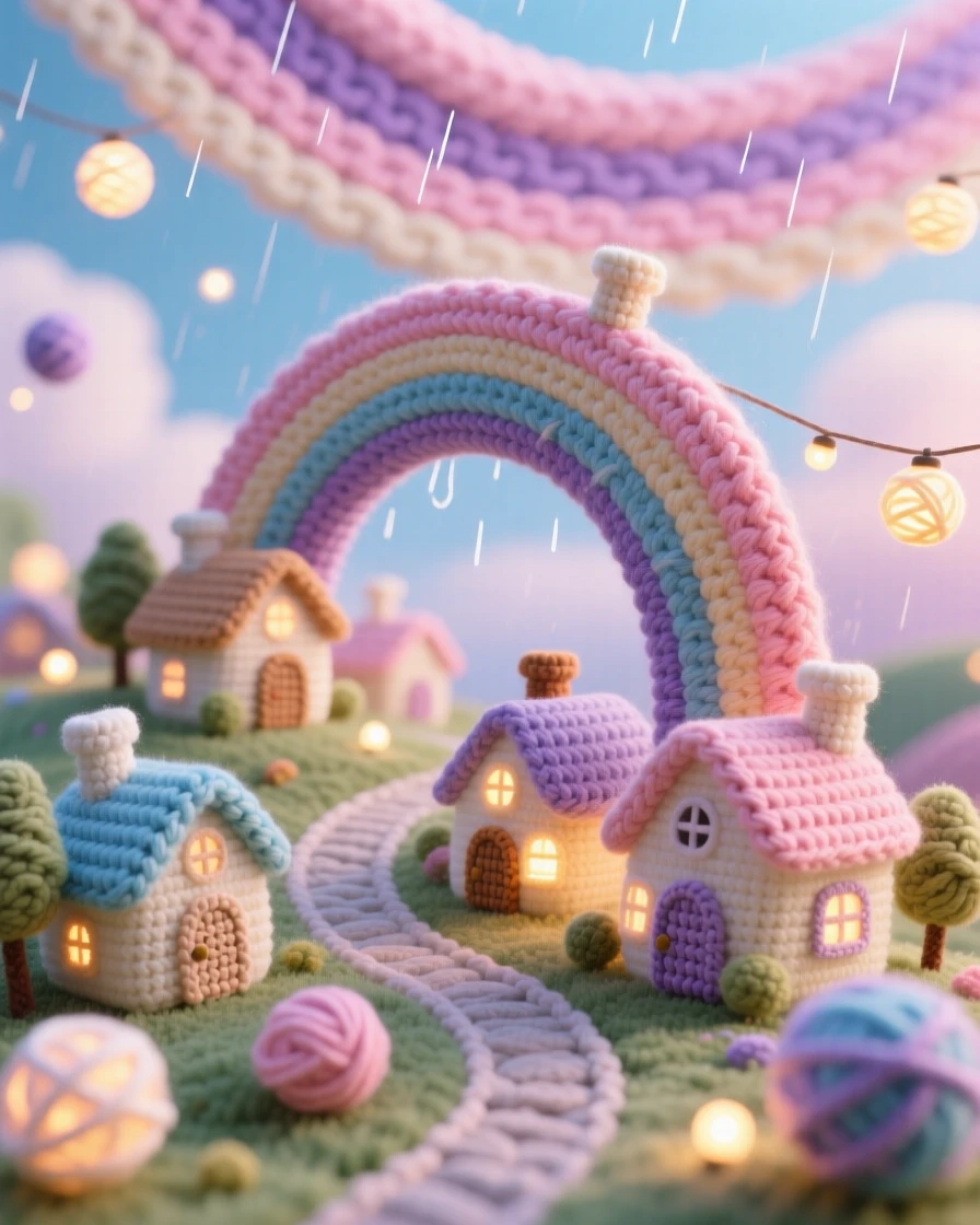 a miniature village built along a rainbow, with tiny houses perched on the arc, glowing softly after a gentle rain, beneath a swirling pastel sky, with a scattering of tiny glowing lights, evoking quiet delight in an impossible little world.