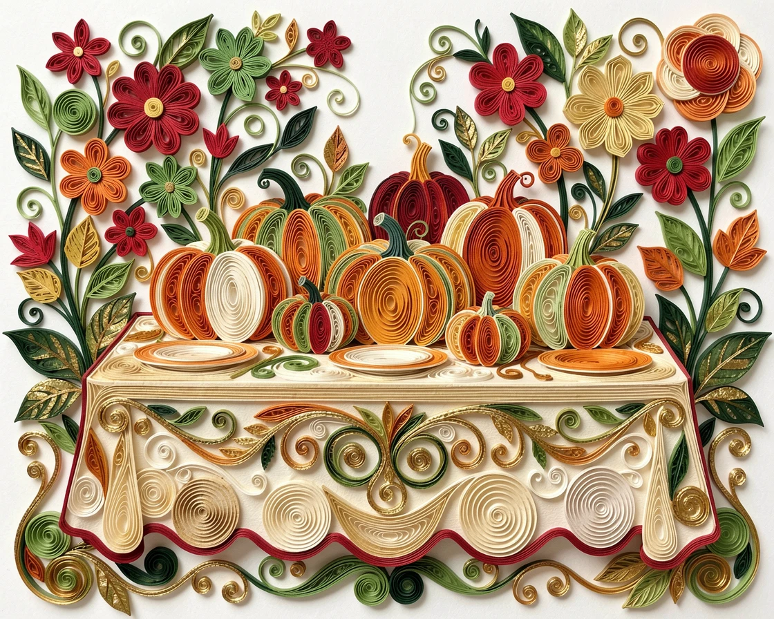 a autumn harvest table laden with pumpkins and gourds, in a garden bursting with spring blossoms, composed with a cozy, inviting central focal point, in classic holiday tones of red, green, and gold.