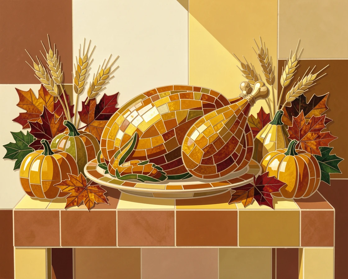 A vibrant, festive scene of a Thanksgiving table set with a golden roasted turkey and autumn decor, rich in color and cultural detail.