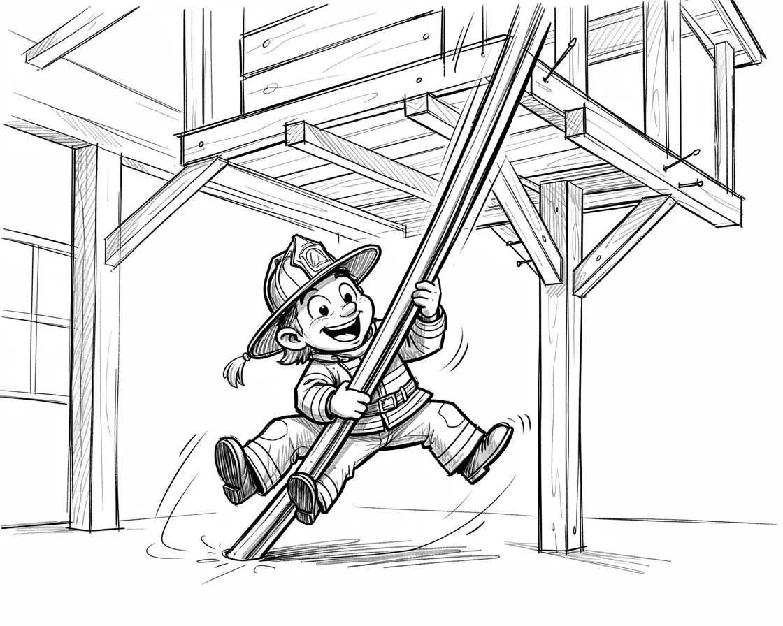 A firefighter sliding down a pole at the station on the frame of a half-built treehouse.