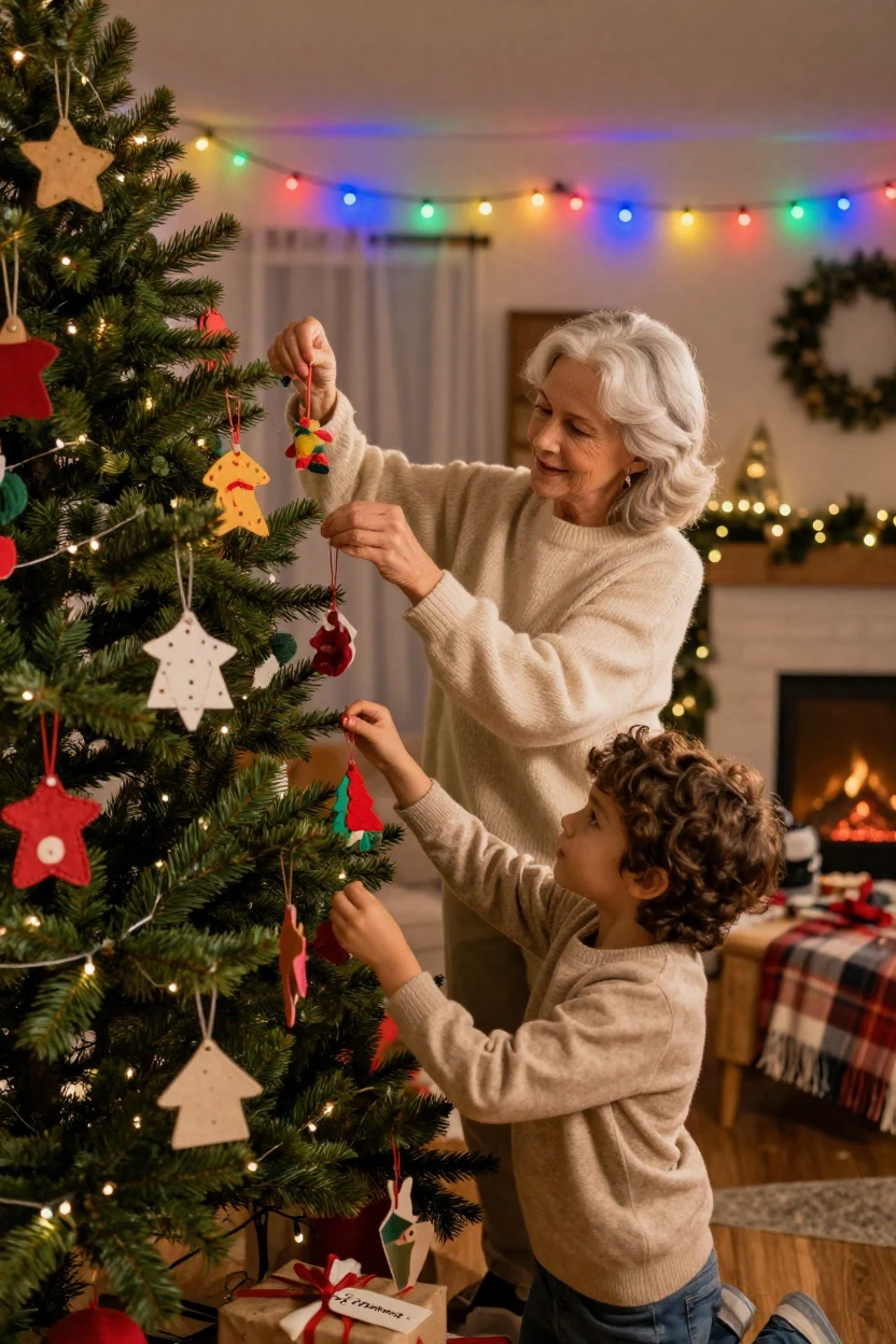 A grandmother and her grandchildren decorating a tree with handmade ornaments beneath strings of colorful festival lights