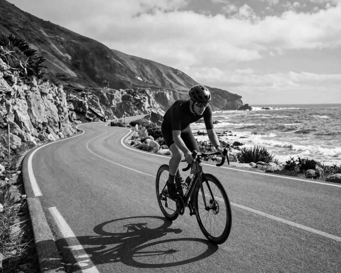 A cyclist races along a winding coastal road along a winding coastal road.