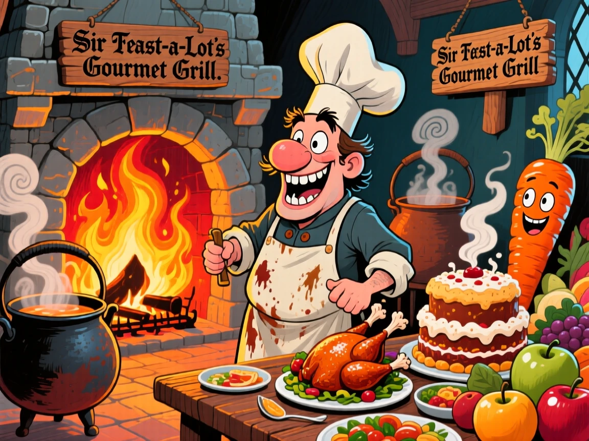A medieval castle cook preparing a lavish feast over a roaring hearth.