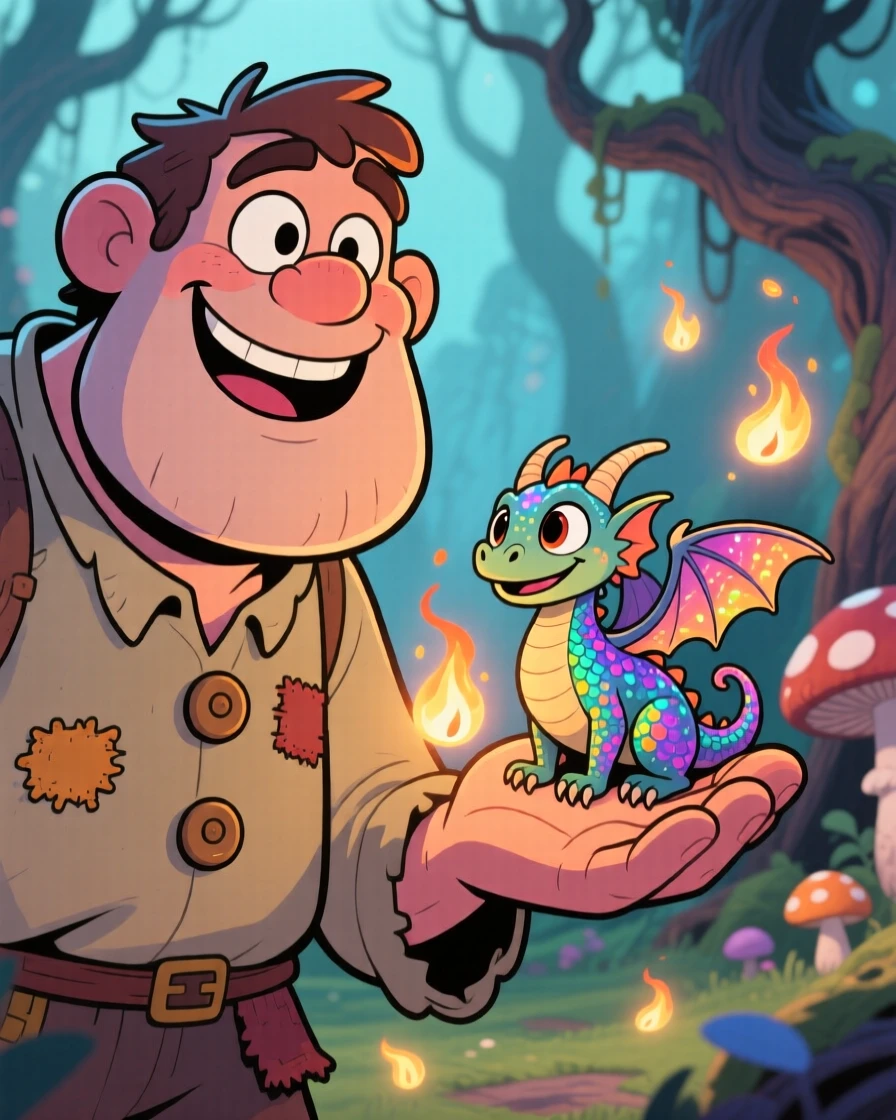 An imaginative fantasy scene of a friendly giant befriending an unlikely magical creature, surrounded by drifting glowing embers.