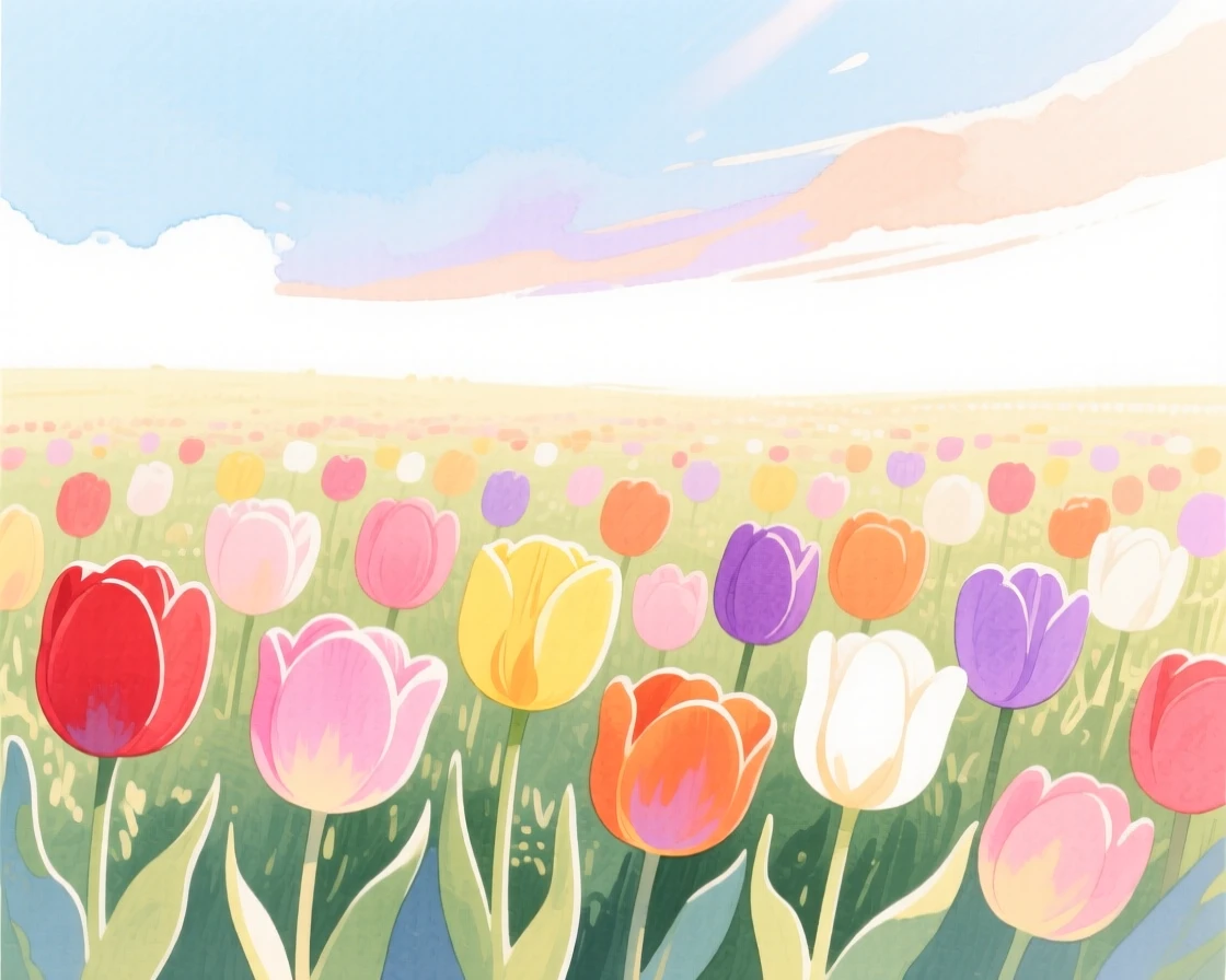 A serene landscape of a field of tulips in every color under a bright sky bathed in warm afternoon sun