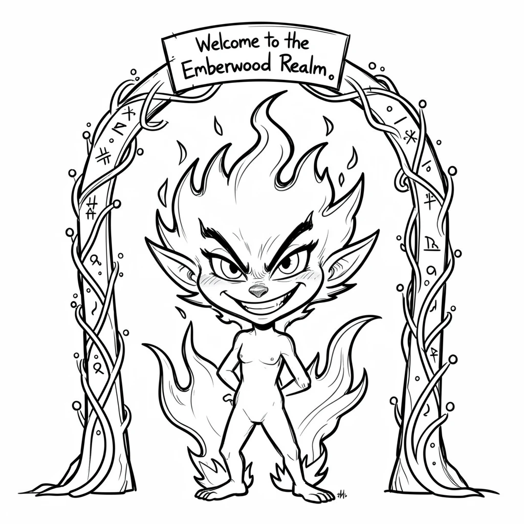 [Fantasy & Imaginative Scenarios] Imaginative fantasy scene of a mischievous fire elemental guarding a hidden magical realm, brimming with wonder