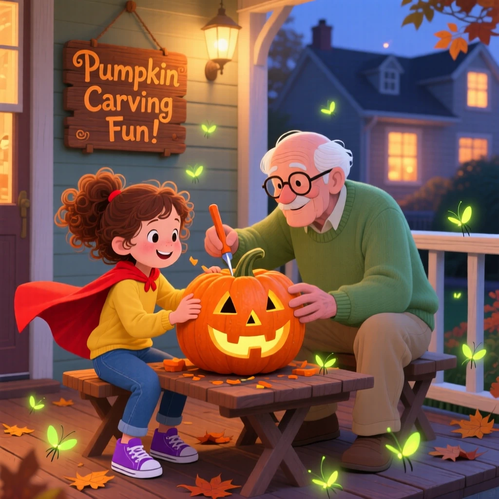 A little girl in a superhero cape spends the afternoon carving a jack-o'-lantern on the porch with his grandfather, as fireflies begin to twinkle.