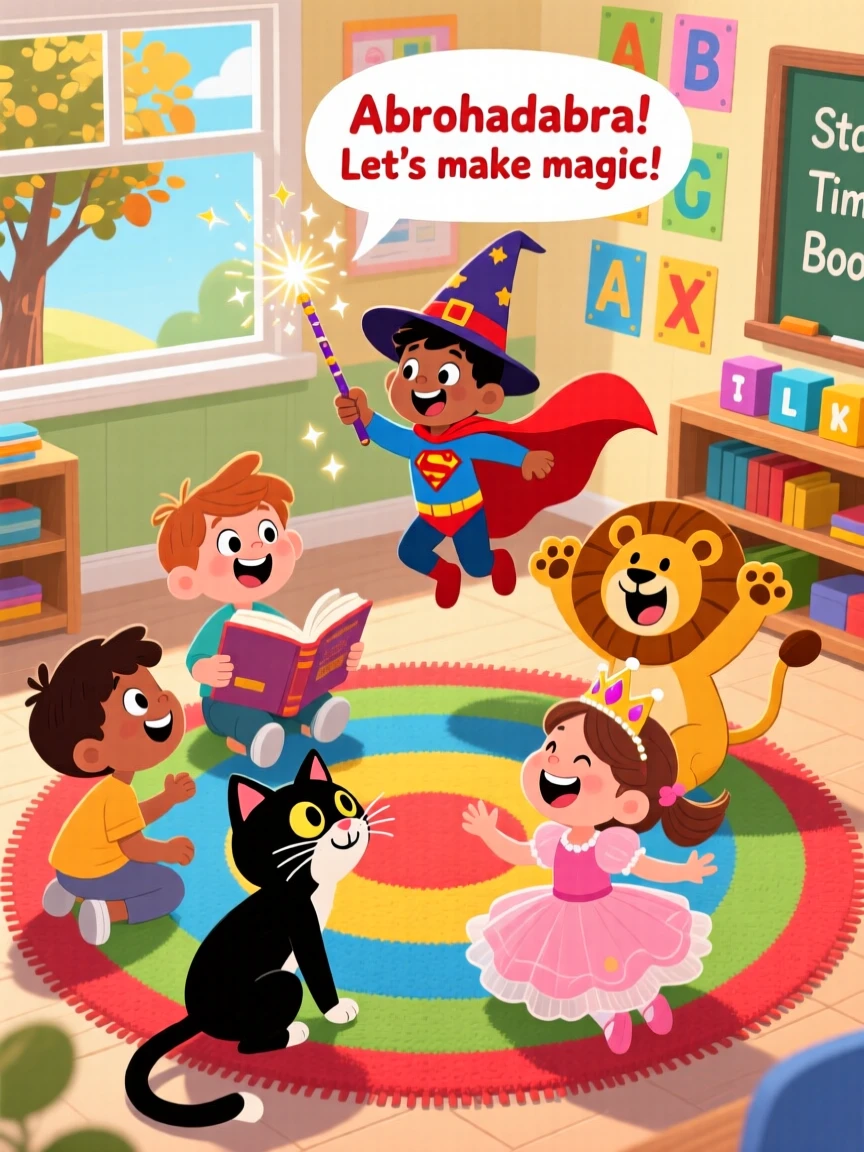 A story time circle with children acting out their favorite tale.