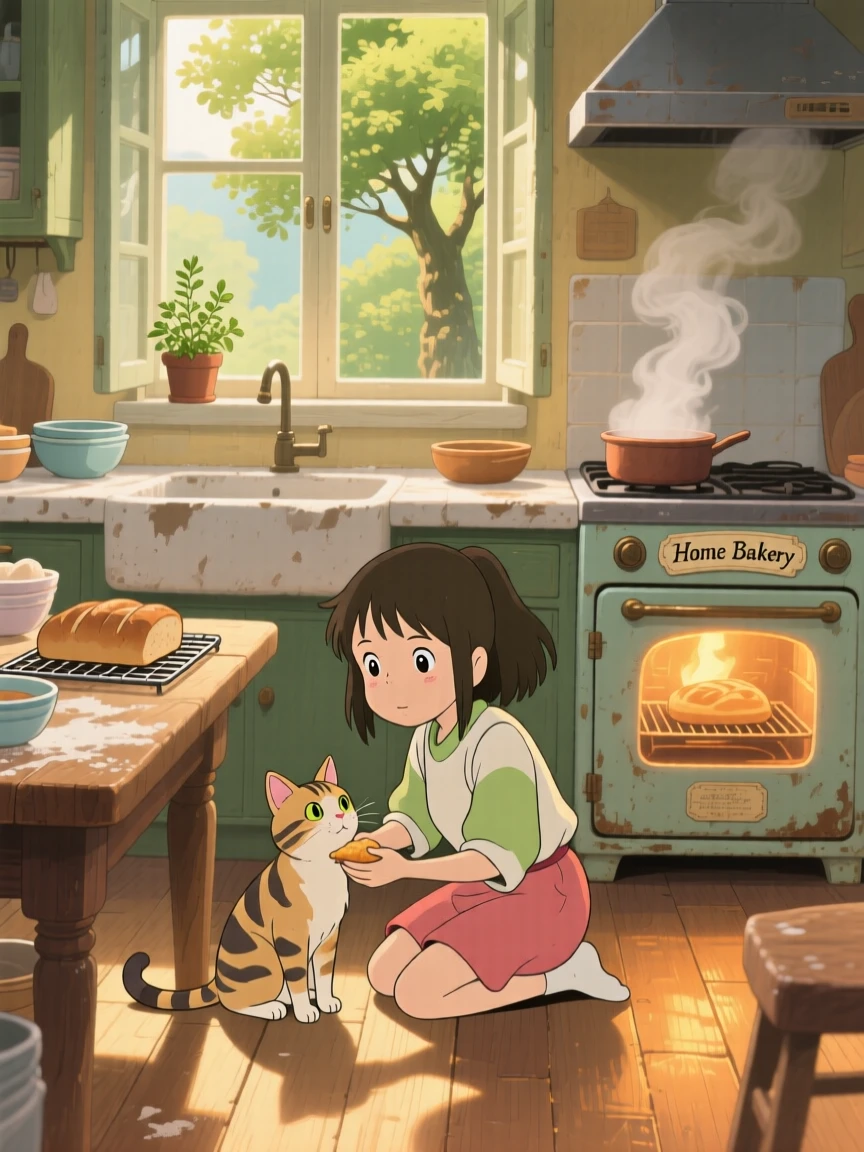 A girl feeding a cat on a warm kitchen floor, the smell of fresh bread drifting from the oven, the whole scene feeling full of homely charm.