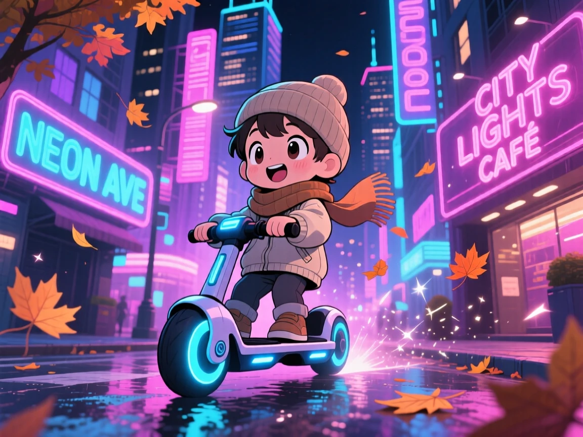 A child riding a hover-scooter through a neon-lit city street, framed as a medium shot within a glowing futuristic cityscape at night, with autumn leaves swirling around, glowing under neon-lit glow, evoking gentle surprise.
