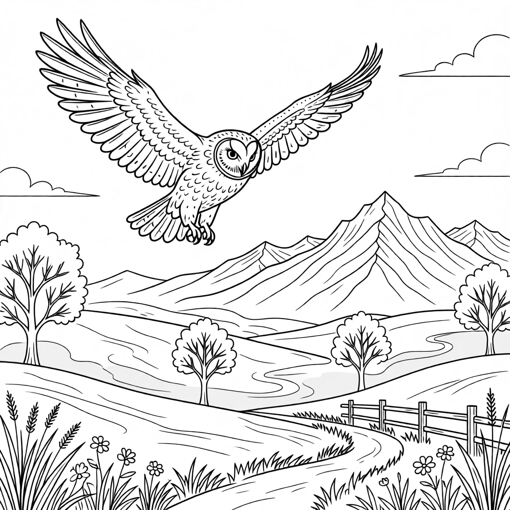 A barn owl circling high above a misty valley, with a distant mountain range in the background.
