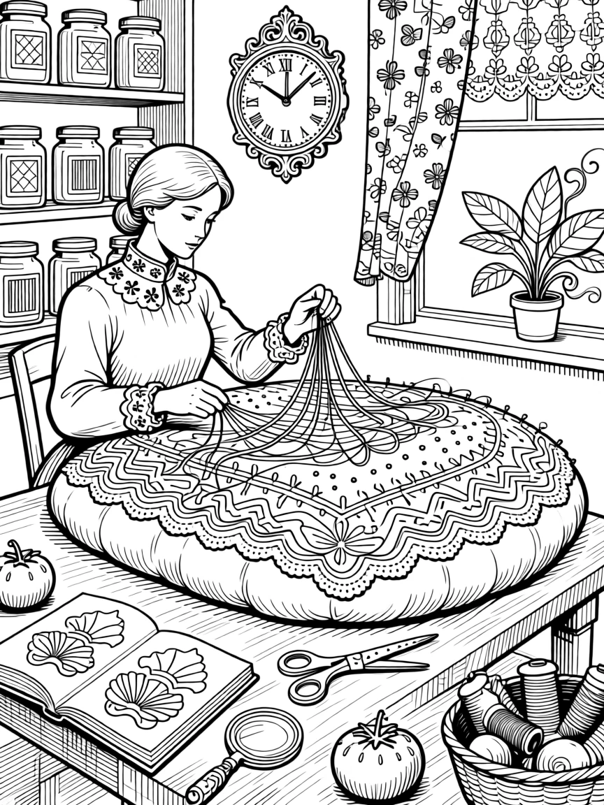 A lace-making scene with intricate bobbin work.