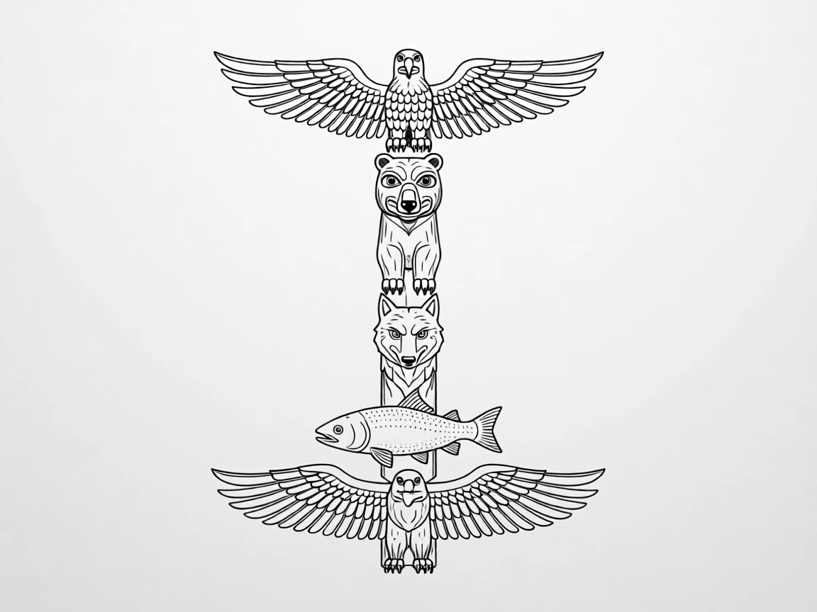 A traditional Native American totem pole with carved figures