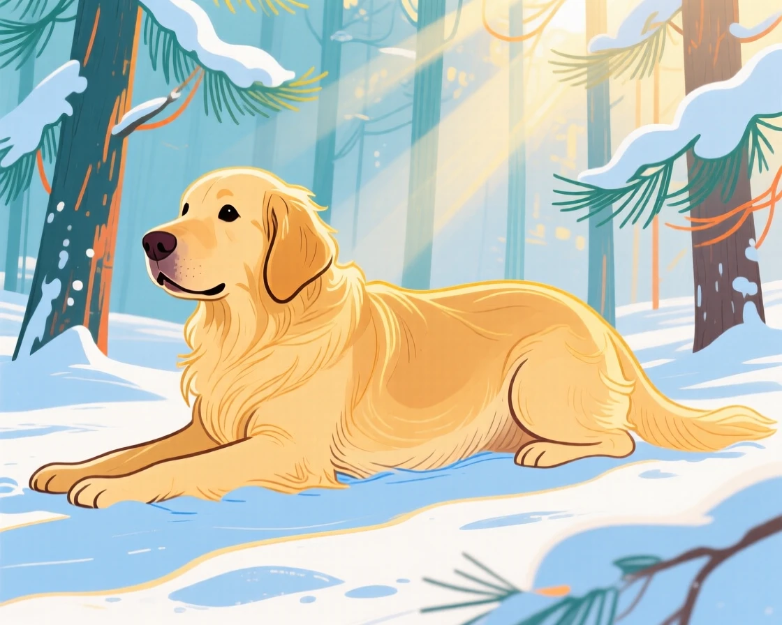 A golden retriever stretching in the morning light in a snowy pine forest on a quiet summer afternoon.