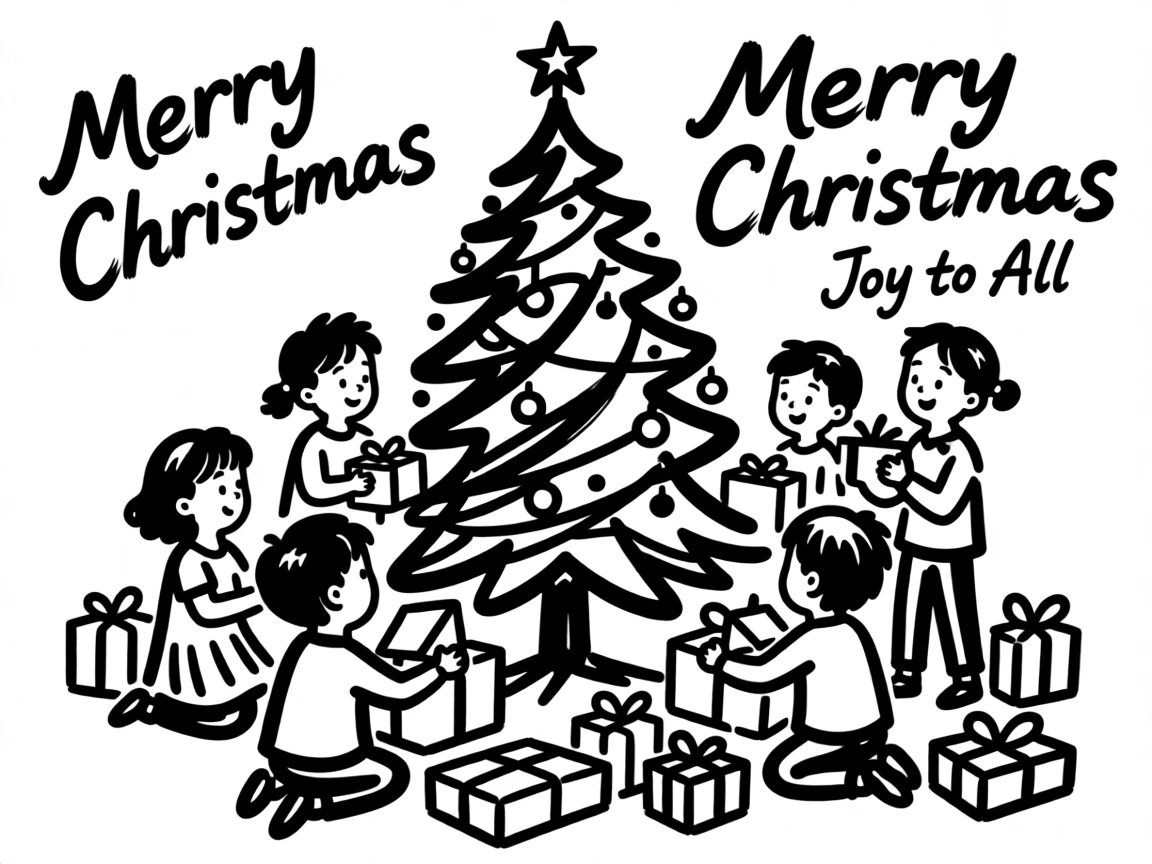 A Christmas morning scene with children opening presents by the tree.