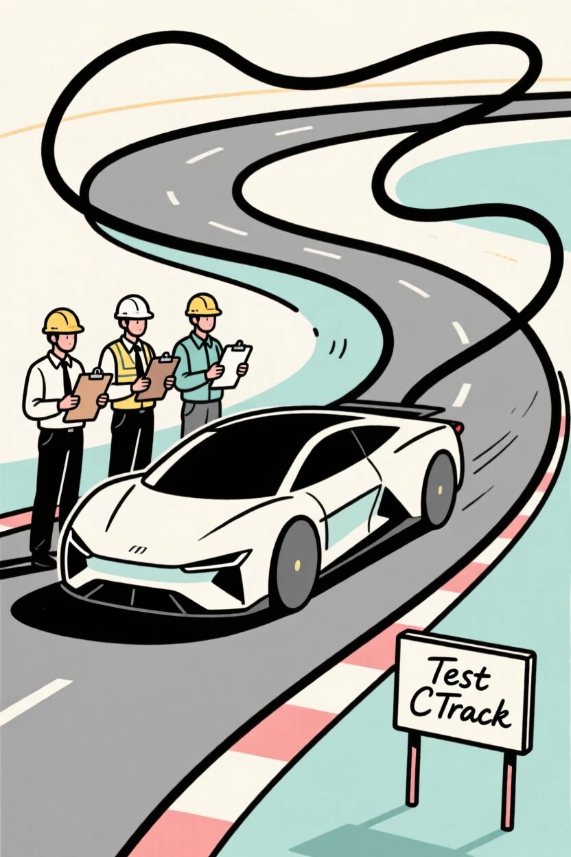 A group of engineers testing a prototype electric vehicle on a track.