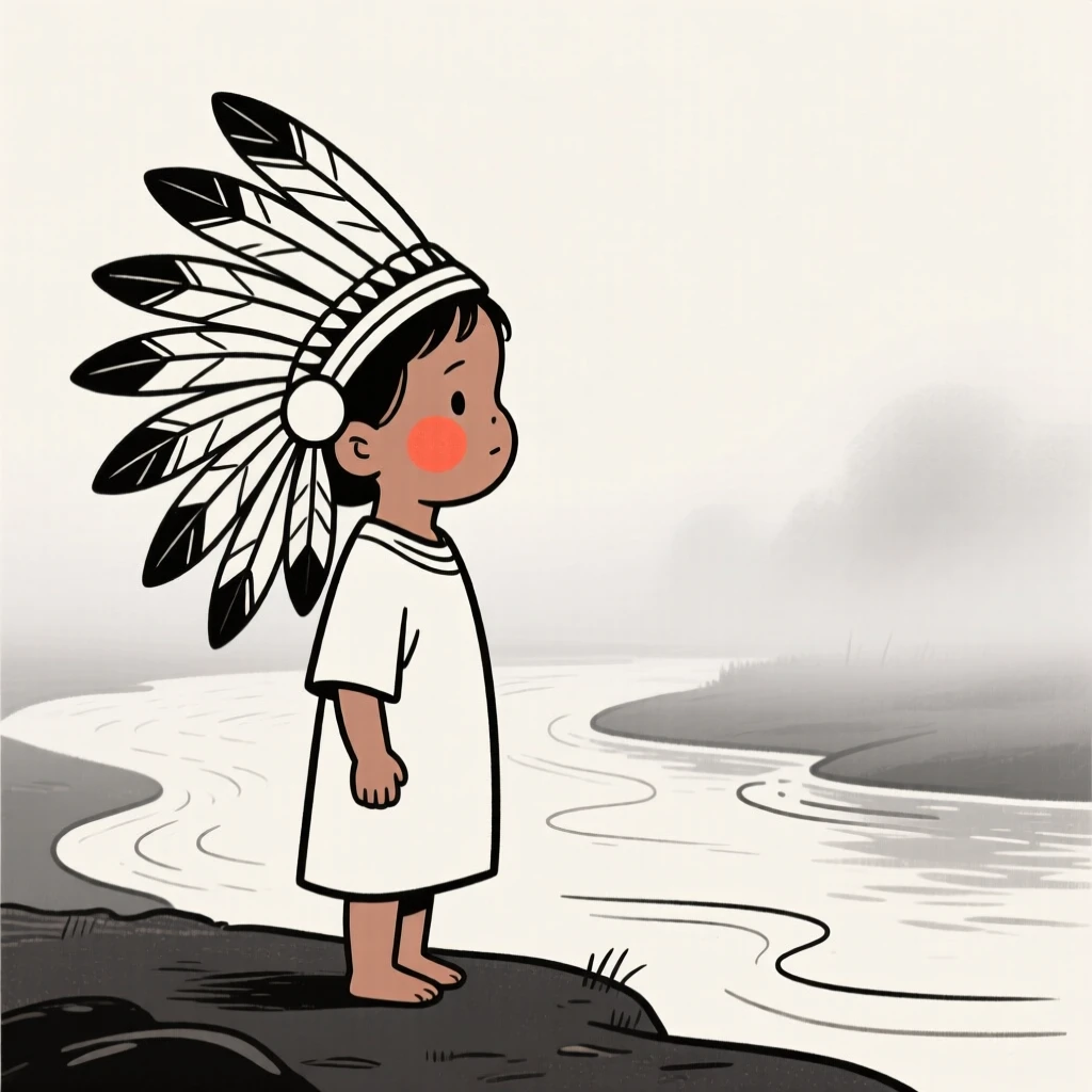 A toddler of Ethiopian heritage wearing a Native American ceremonial headdress, gazing thoughtfully into the distance, on a misty riverbank.