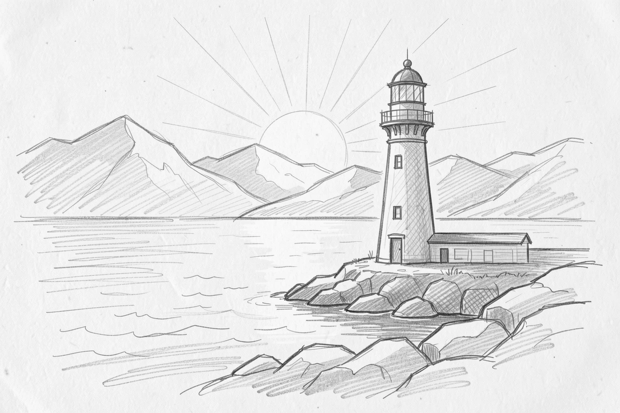 A serene, inspiring scene of a lone lighthouse standing against a calm sea, as the sun rises over distant mountains, evoking deep calm and clarity.