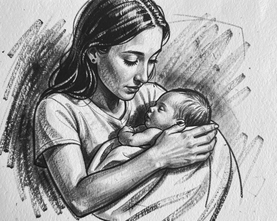 A mother holding her newborn for the first time, in a moment of quiet togetherness.
