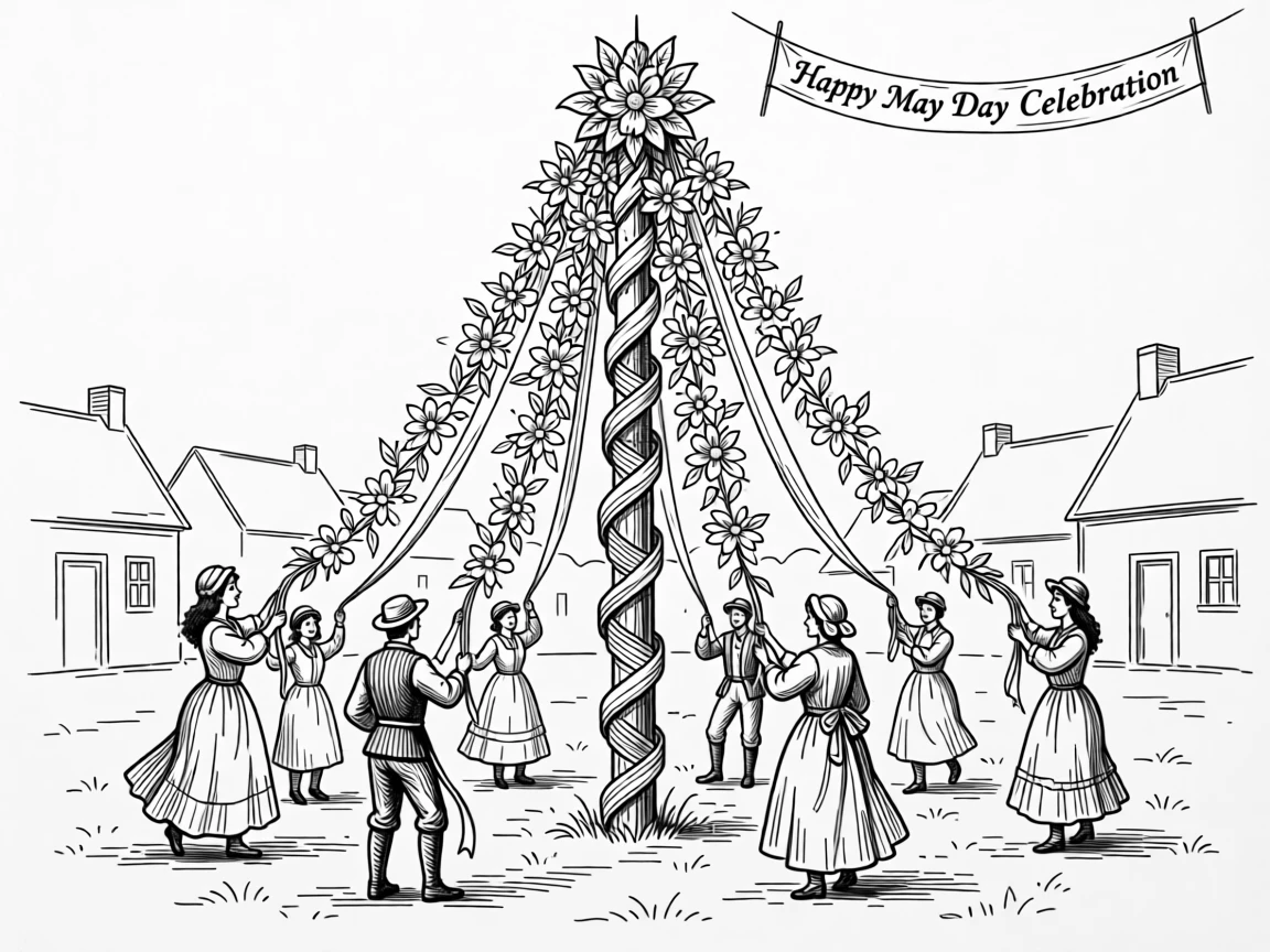 A beautifully decorated May Day celebration with a flower-wrapped maypole.