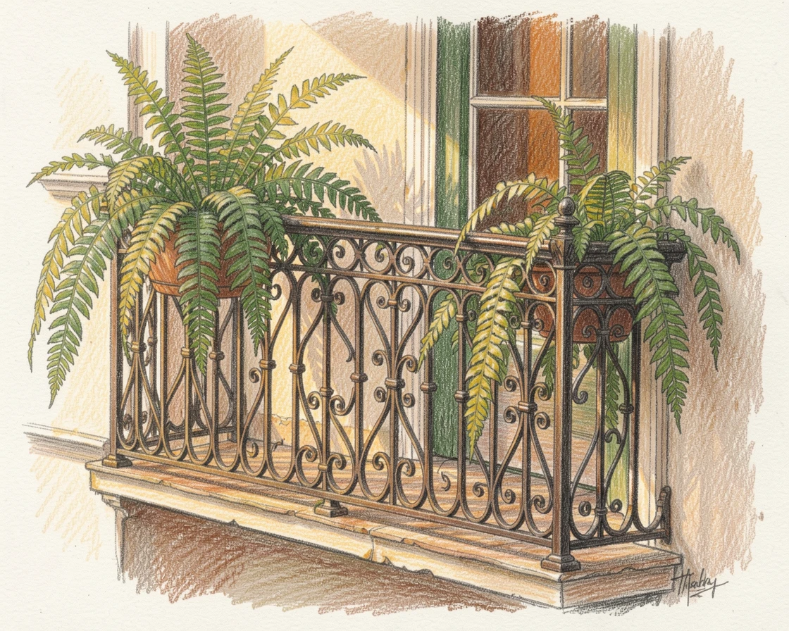 A New Orleans balcony draped in wrought iron and ferns, bathed in the warm glow of golden-hour light, perfect for anyone drawn to gentle, heartfelt imagery.