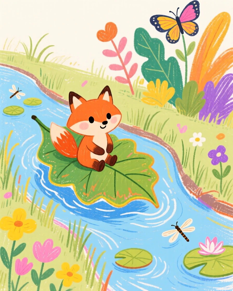 A tiny fox riding a leaf boat down a garden stream.