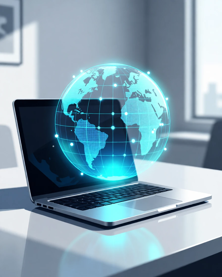 A holographic globe floating above an open laptop, set within a sleek, softly lit modern space, framed with a crisp, high-clarity central focus, with sleek metallic textures catching soft light.