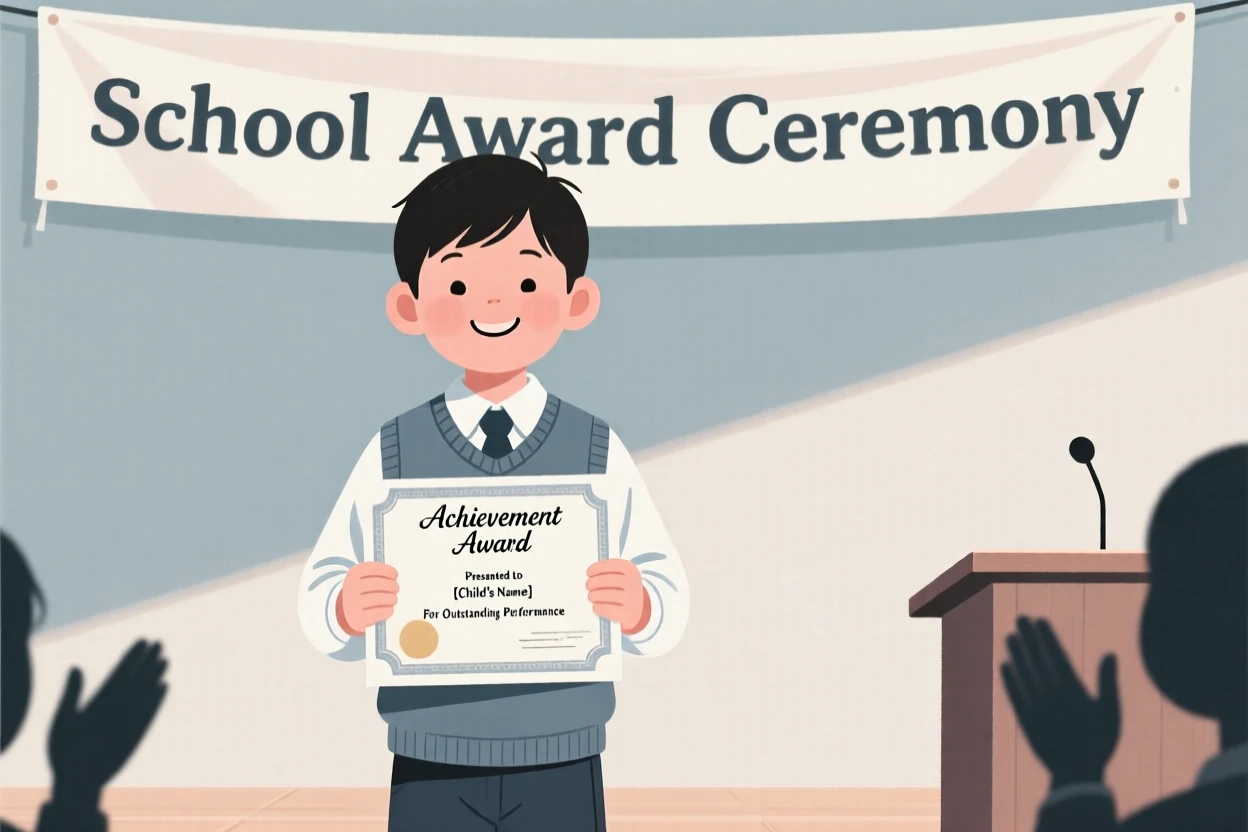 A child proudly displaying a certificate at a school award ceremony.