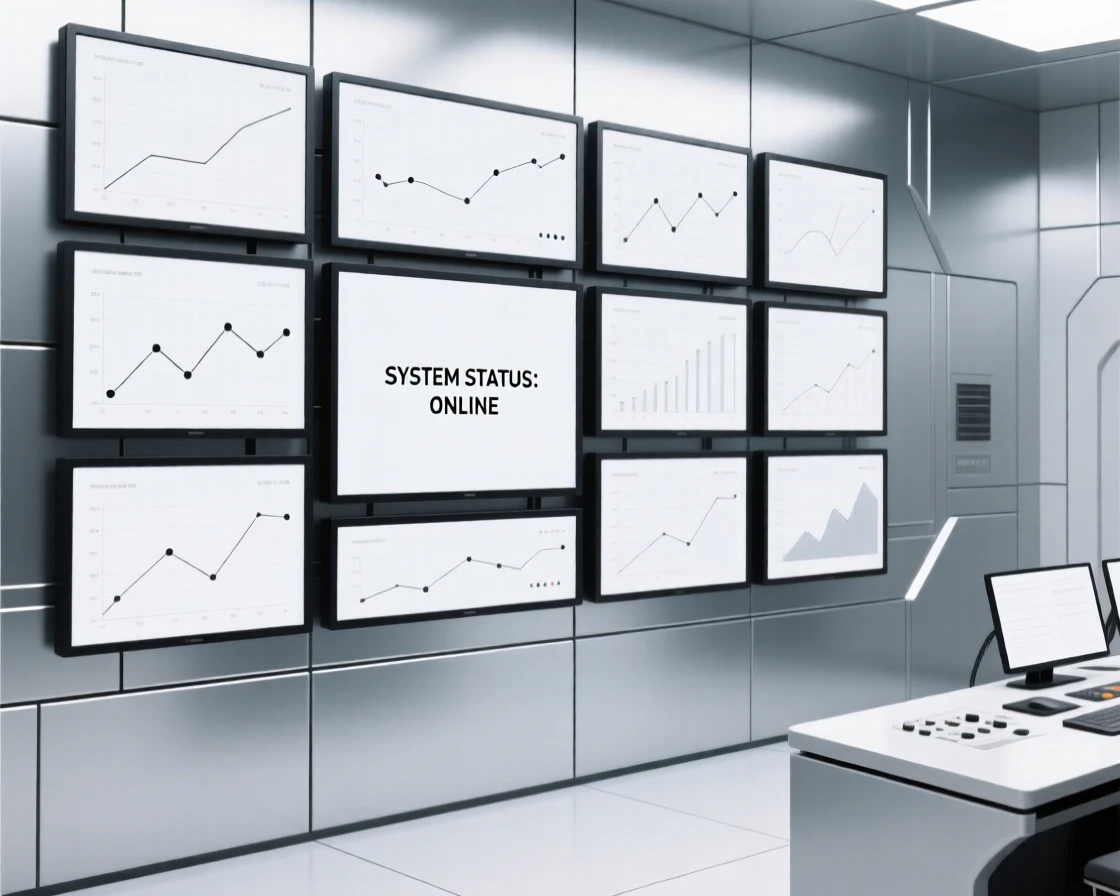 A sleek wall of interconnected screens placed in a bright control room, surrounded by sleek metallic surfaces, conveying precise engineering.