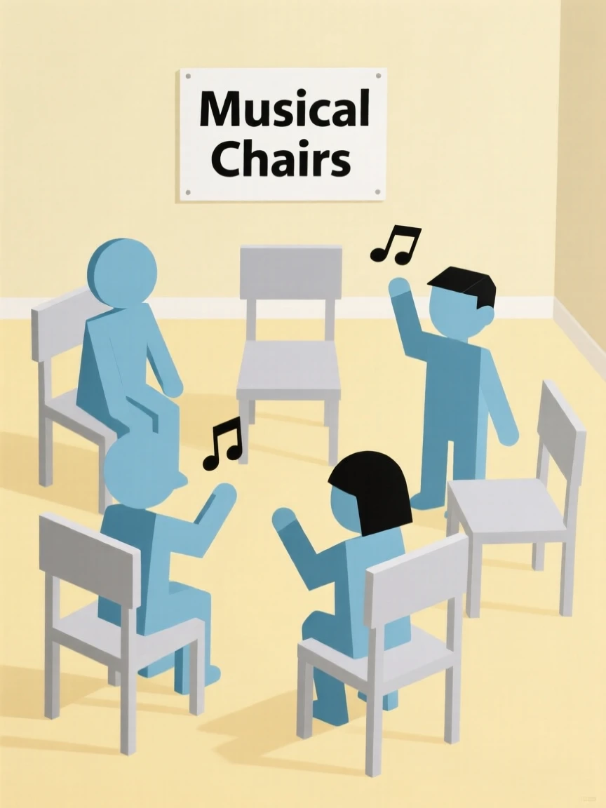 A group of children playing musical chairs