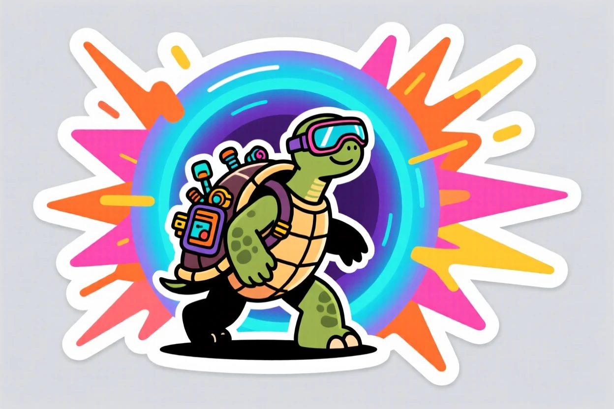 A wildly imaginative time-traveling turtle stepping out of a glowing portal, framed by a burst of colorful energy, during a thrilling made-up quest.