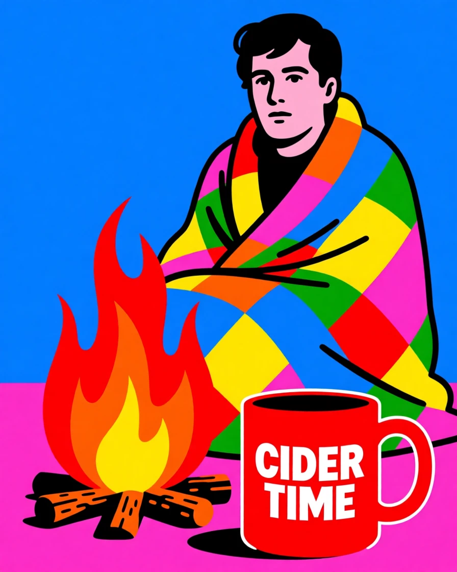 Cozy blanket and a mug of cider by a fire