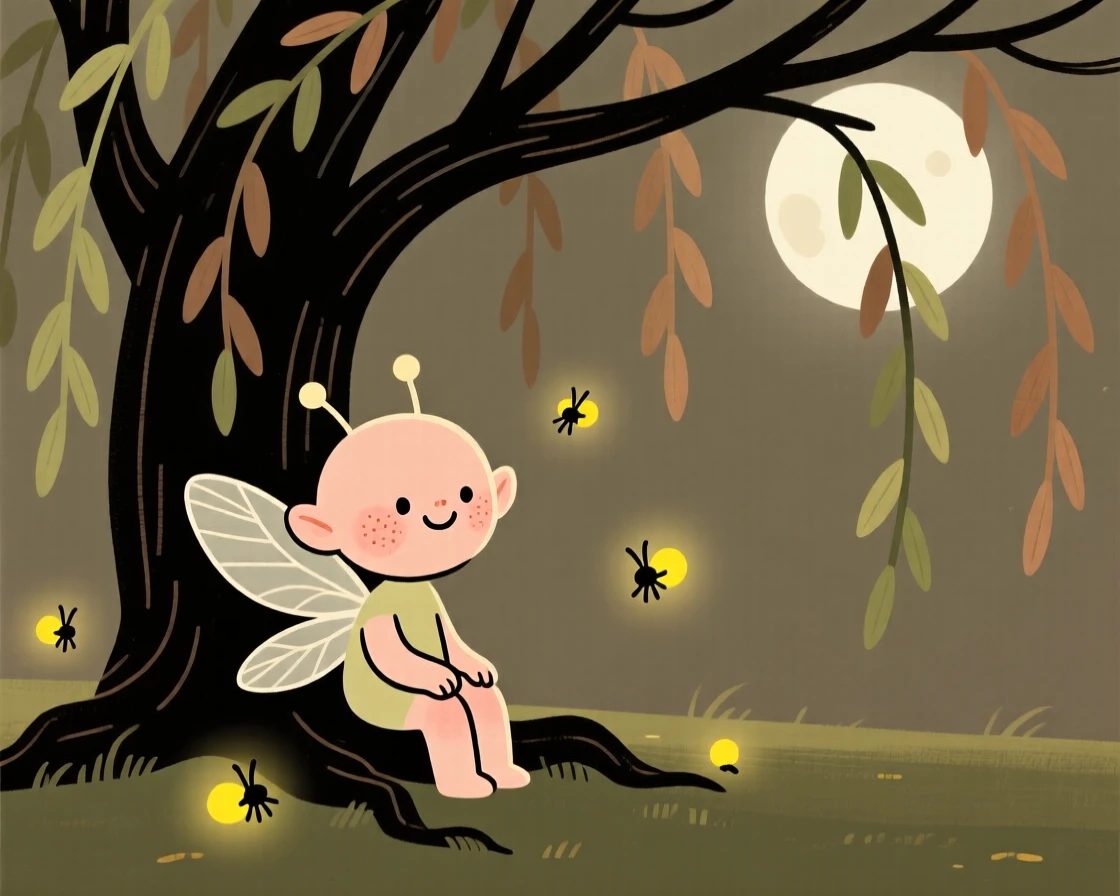 A tiny winged sprite rests beneath a ancient willow in an moonlit clearing, surrounded by soft glowing fireflies that drifts gently through the air.