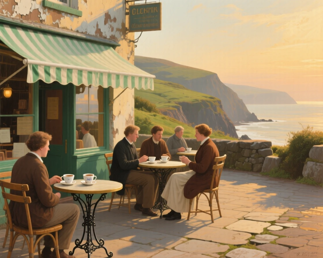 A detailed close shot of an outdoor café where patrons sip coffee beneath striped awnings, at golden hour, along the Irish coast.