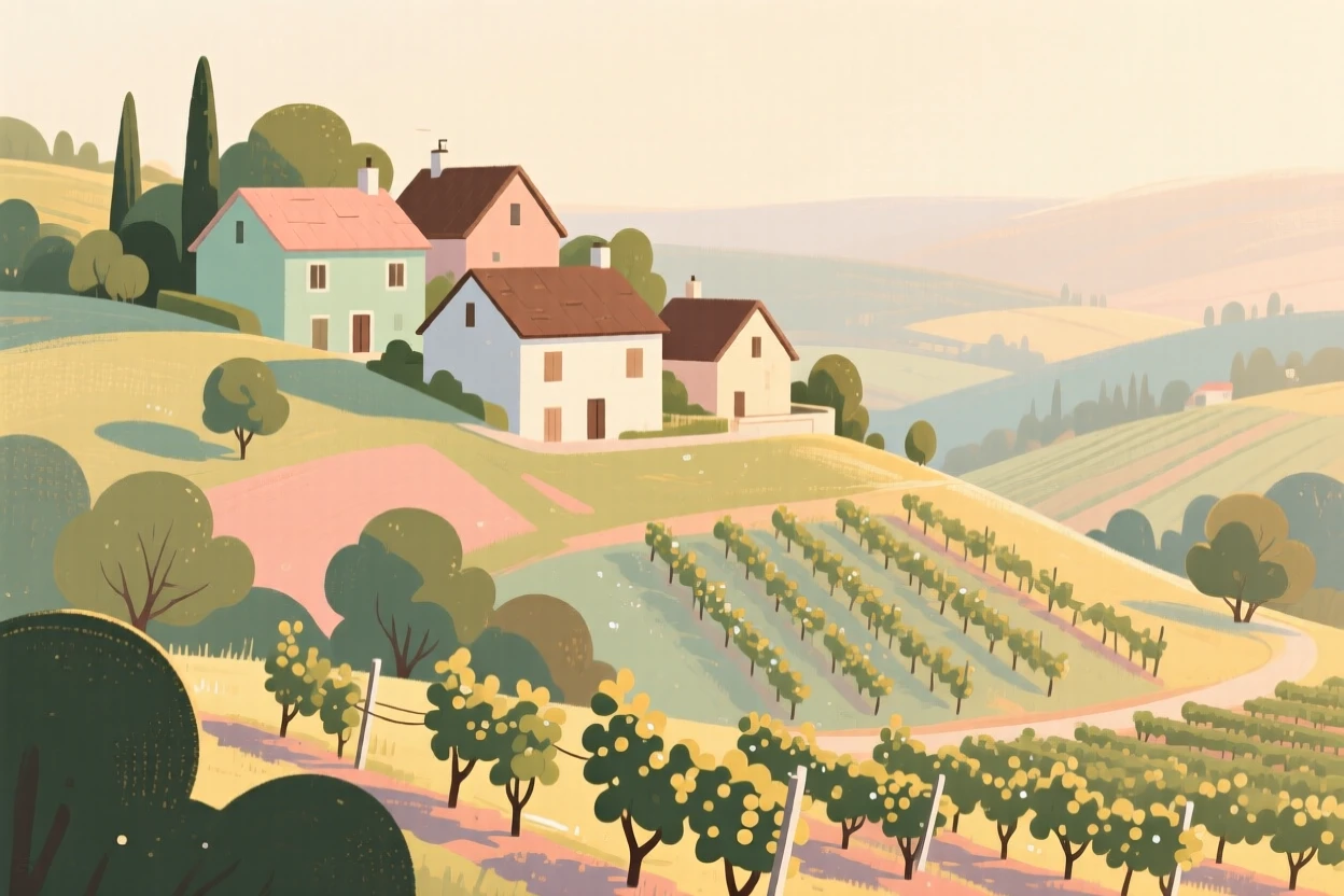 A hillside hamlet overlooking a valley of orchards and vineyards