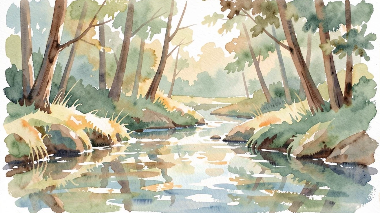 A gentle stream flowing through a peaceful forest clearing.