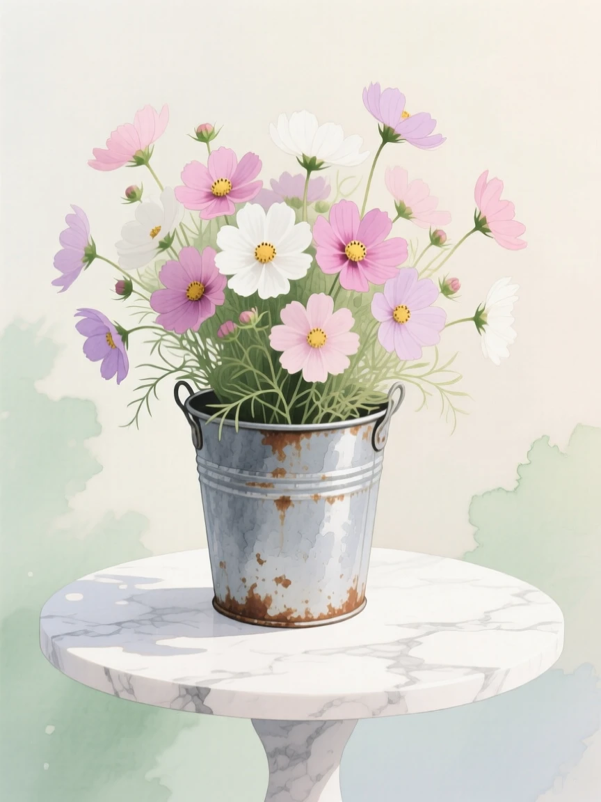 A bouquet of cosmos flowers in soft, layered tones fills a rustic tin bucket on a marble side table, petals catching the gentle light
