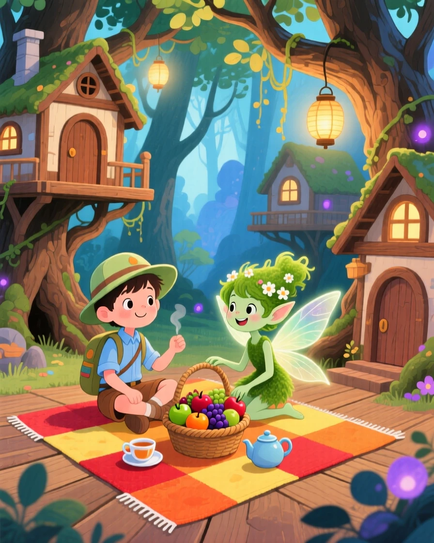 A curious young explorer sharing a picnic with a mischievous forest sprite inside a magical treehouse village.
