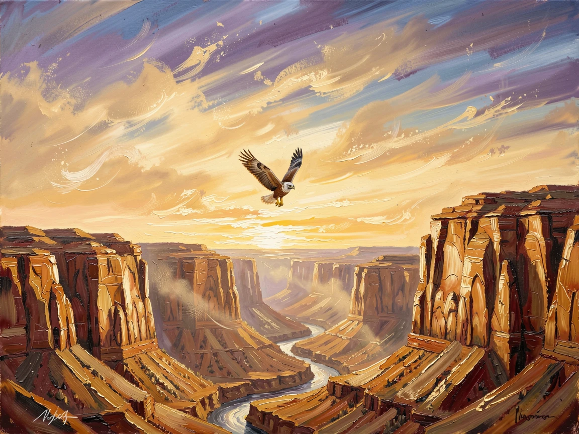 Beneath an impossibly wide, open sky, a desert canyon carved by ancient rivers, a hawk circling high above the canyon, during a golden, dust-filled dusk.