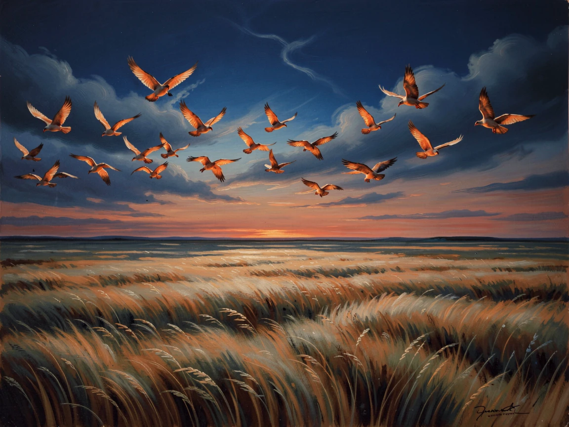 A flock of birds glows warmly under a sky darkening into deep blue twilight across an endless prairie.