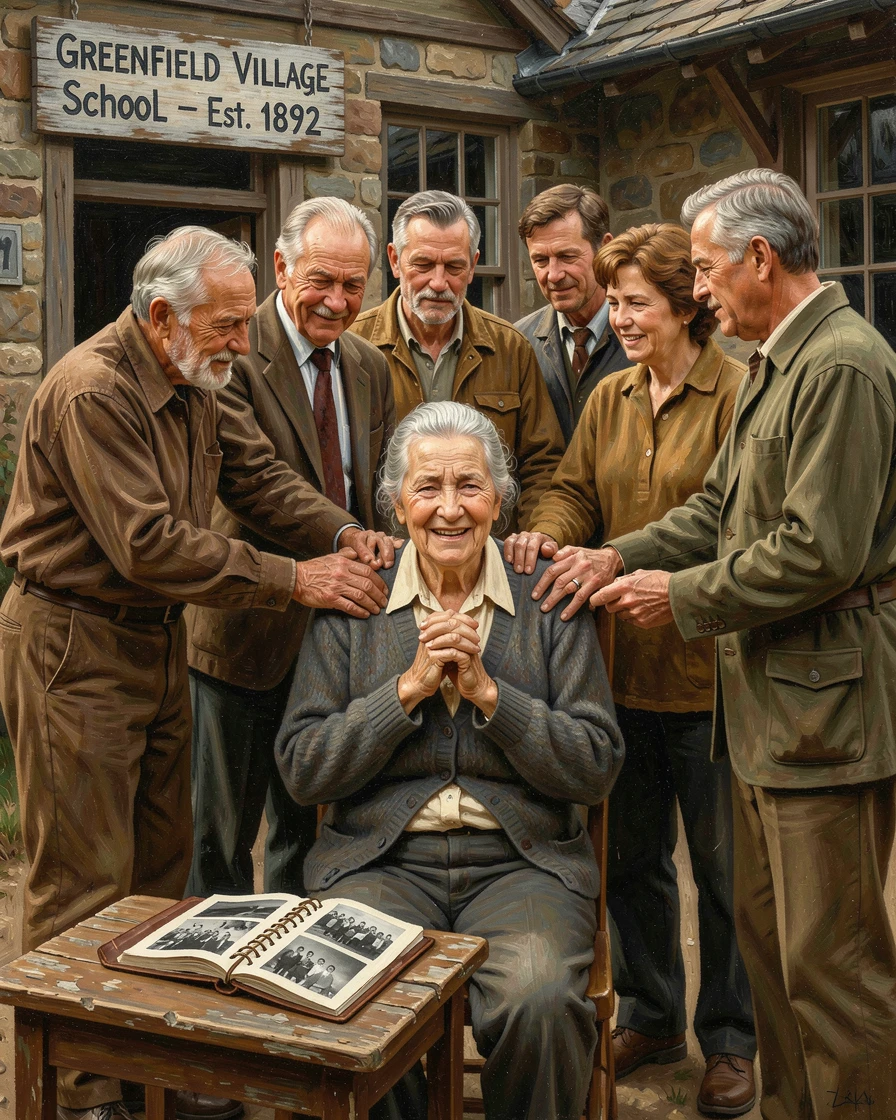 A retired teacher receiving a surprise reunion from decades of former students, with hands clasped tightly, conveying connection and support, offering a genuinely moving and unforgettable emotional moment