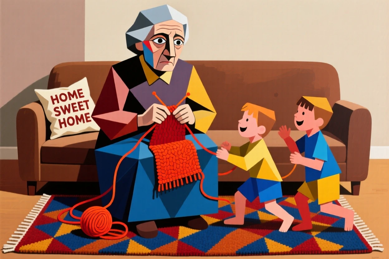 A grandmother knitting while her grandchildren play nearby on a cozy living room rug.