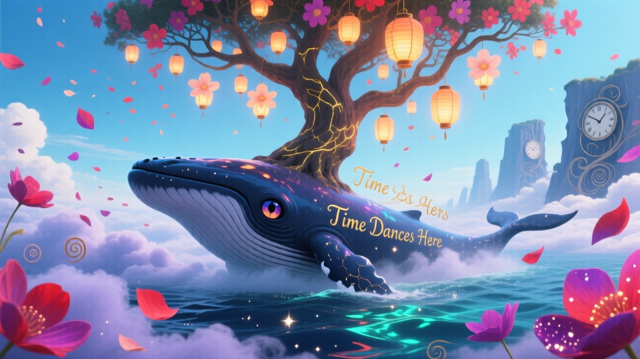 A whale swimming gracefully through a sea of drifting clouds pauses beneath a tree hung with glowing lanterns, as flower petals fall gently from a clear sky.