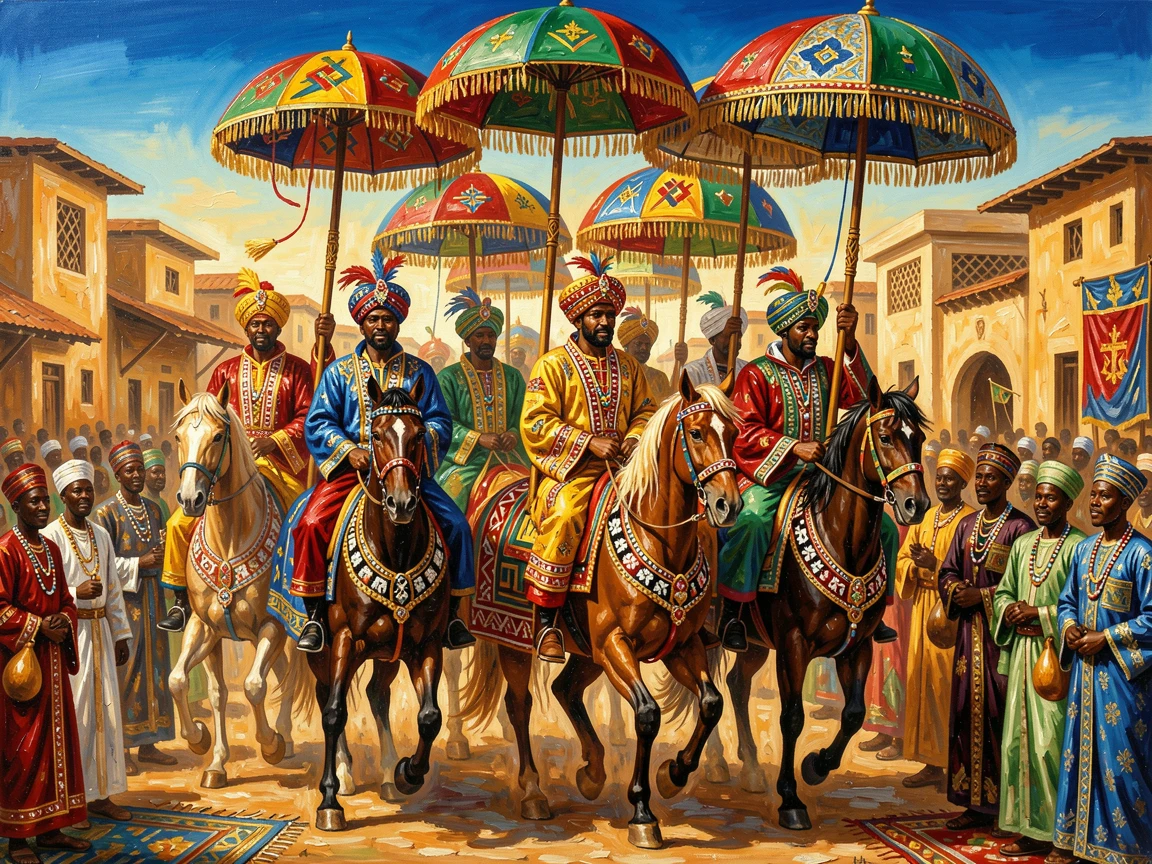 A vibrant Nigerian Durbar festival shows elaborately dressed horsemen parading through Kano beneath colorful ceremonial umbrellas, small cultural details woven throughout the scene, grounding it in a specific time and place.