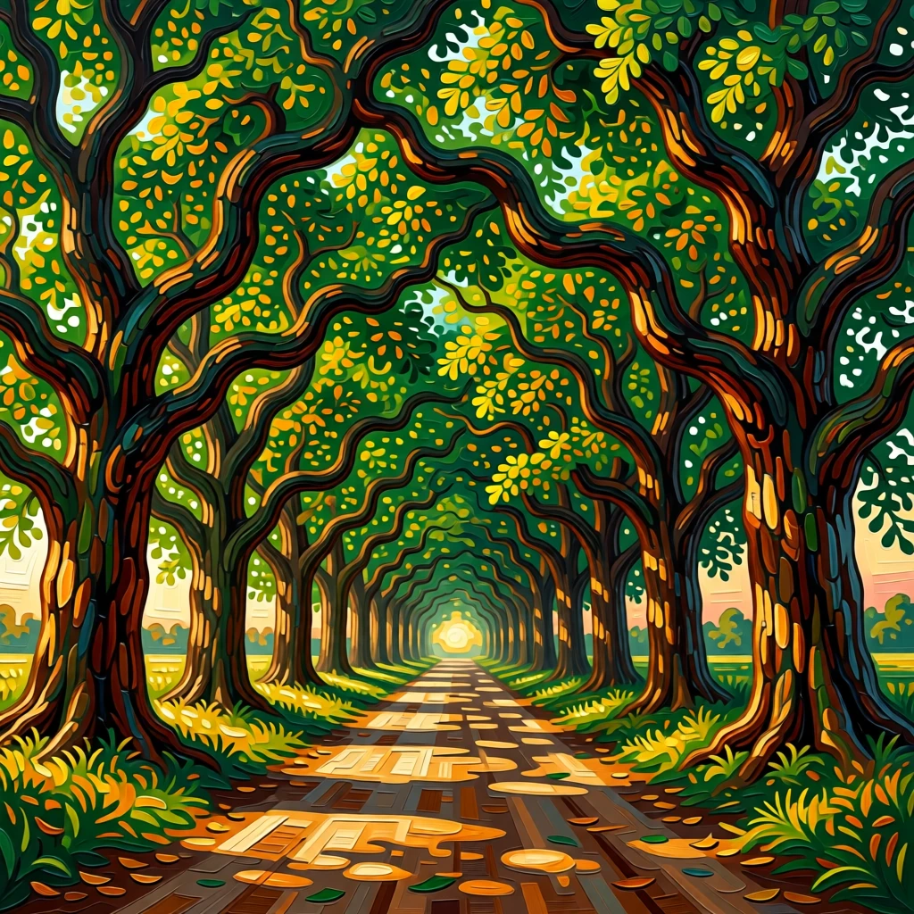 A tunnel of intertwined oak trees forming a natural archway over a quiet country road