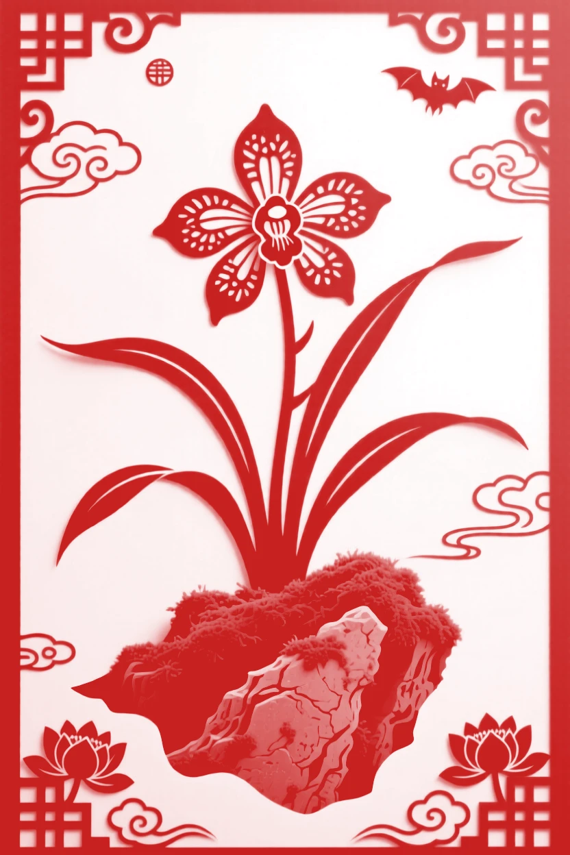 An orchid growing from a mossy rock crevice, slender leaves arching gracefully beside a single elegant bloom